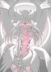 Rule 34 | 1girl, absurdres, angel, angel wings, colored inner hair, colored skin, feathered wings, glowing, grey background, hair over eyes, halo, halo behind head, head wings, highres, limited palette, long hair, looking at viewer, low wings, monster girl, multicolored hair, multiple wings, original, pink hair, seraph, skeleton, smile, solo, spine, toipokun oyashi, two-tone hair, white hair, white skin, wing ears, wings