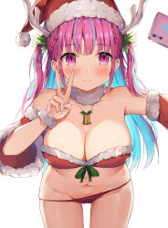 Rule 34 | 1girl, absurdres, antlers, arm up, armpits, bare shoulders, bell, bikini, bikini pull, blue hair, blue nails, blush, braid, breasts, christmas, cleavage, closed mouth, clothes pull, collarbone, colored inner hair, cowboy shot, detached sleeves, frown, fur-trimmed bikini, fur-trimmed headwear, fur-trimmed sleeves, fur collar, fur trim, green ribbon, groin, hair ornament, hat, highres, hokori sakuni, hololive, horns, large breasts, leaf hair ornament, leaning forward, long hair, looking at viewer, looking back, minato aqua, multicolored hair, nail polish, purple eyes, purple hair, red bikini, red hat, ribbon, santa hat, short sleeves, sidelocks, simple background, solo, strapless, strapless bikini, swimsuit, taking picture, two-tone hair, two side up, v, virtual youtuber, white background