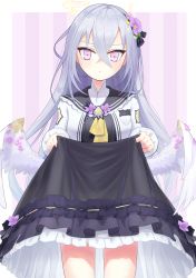 Rule 34 | 1girl, absurdres, azusa (blue archive), blue archive, blush, calciumin, closed mouth, clothes lift, feathered wings, flower, hair between eyes, hair flower, hair ornament, halo, highres, lifting own clothes, long hair, looking at viewer, purple eyes, school uniform, silver hair, skirt, skirt lift, solo, white wings, wings