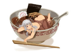 Rule 34 | 1girl, ass, barefoot, bowl, chopsticks, feet, food, geregere (lantern), idolmaster, idolmaster (classic), in bowl, in container, in food, long hair, meandros, mini person, minigirl, noodles, nude, oversized object, partially submerged, purple eyes, ramen, shijou takane, silver hair, solo