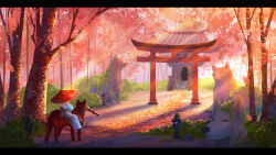 Rule 34 | 1girl, architecture, autumn leaves, blue footwear, blue kimono, bush, cherry blossoms, covered face, dappled sunlight, deviantart sample, dog, east asian architecture, facing away, holding, holding sword, holding umbrella, holding weapon, image sample, japanese clothes, katana, kimono, kloir, lamp, leaf, letterboxed, light rays, mouth hold, oil-paper umbrella, original, outdoors, riding, riding animal, solo, stairs, statue, stone lantern, sunbeam, sunlight, sword, temple, torii, tree, umbrella, weapon, wide shot