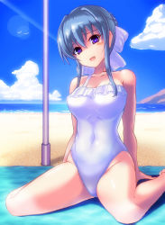 Rule 34 | 1girl, beach, blue eyes, blue sky, breasts, casual one-piece swimsuit, cloud, commentary request, commission, covered navel, day, grey hair, hair bun, highres, horizon, kiyukisuke, long hair, looking at viewer, medium breasts, one-piece swimsuit, outdoors, pole, single hair bun, sitting, skeb commission, sky, solo, strawberry panic!, suzumi tamao, swimsuit, wariza, white one-piece swimsuit