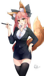 Rule 34 | 10s, 1girl, absurdres, animal ears, black thighhighs, breasts, cleavage, collarbone, damow (myway83522), dated, fang, fate/extra, fate (series), fox ears, fox tail, hair ribbon, hand on own hip, highres, large breasts, looking at viewer, miniskirt, open mouth, pink hair, ribbon, signature, simple background, skirt, solo, tail, tamamo no mae (fate/extra), thighhighs, white background, yellow eyes