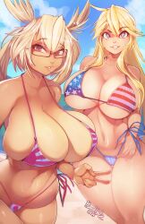 Rule 34 | 2girls, absurdres, american flag, american flag bikini, american flag print, bare shoulders, beach, besthetz, bikini, blonde hair, blue eyes, blush, breasts, cleavage, collarbone, covered erect nipples, dark-skinned female, dark skin, flag print, front-tie top, glasses, grey hair, hair between eyes, headgear, highres, huge breasts, iowa (kancolle), japanese flag, japanese flag bikini, japanese flag print, kantai collection, large breasts, long hair, looking at viewer, micro bikini, multiple girls, musashi (kancolle), navel, open mouth, pointy hair, print bikini, red eyes, rising sun flag, semi-rimless eyewear, short hair, skindentation, smile, star-shaped pupils, star (symbol), striped bikini, striped clothes, summer, sunburst, swimsuit, symbol-shaped pupils, tan, tanline, thighs, twintails, under-rim eyewear, white hair