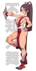 Rule 34 | 1girl, bare hips, breasts, brown eyes, brown hair, fatal fury, fishine, hand fan, hand on own hip, high ponytail, highres, holding, holding fan, japanese clothes, kanji, kimono, large breasts, long hair, looking at viewer, ninja, pelvic curtain, ponytail, revealing clothes, shiranui mai, sideboob, sleeveless, sleeveless kimono, smile, snk, solo, the king of fighters