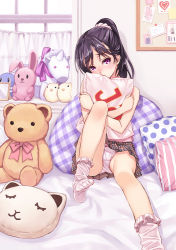 Rule 34 | 1girl, bedroom, black hair, blush, bobby socks, bow, bow panties, checkered clothes, checkered skirt, feet, german text, hair ornament, hair scrunchie, hugging object, indoors, long hair, matsuryuu, no shoes, original, panties, pantyshot, pillow, pillow hug, plaid, plaid pillow, plaid skirt, polka dot, ponytail, purple eyes, scrunchie, sitting, skirt, socks, solo, stuffed animal, stuffed toy, teddy bear, translated, underwear, upskirt, white panties, yes, yes-no pillow