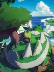 Rule 34 | arc draws, cloud, commentary request, creatures (company), day, from behind, game freak, gen 4 pokemon, highres, nintendo, no humans, outdoors, pokemon, pokemon (creature), riding, riding pokemon, sky, spikes, torterra, tree, turtwig, twitter username