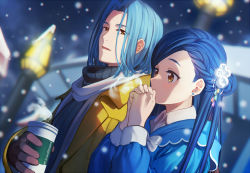 Rule 34 | 1boy, 1girl, blue dress, blue hair, blurry, blurry background, bow, bowtie, braid, brown eyes, brown gloves, can, coat, collared shirt, dress, dress shirt, dutch angle, earrings, ferdinand (honzuki no gekokujou), flower, gloves, grey sweater, hair between eyes, hair flower, hair ornament, holding, holding can, honzuki no gekokujou, jewelry, kaze-hime, long hair, myne (honzuki no gekokujou), open clothes, open coat, open mouth, outdoors, own hands together, ribbed sweater, scarf, shirt, snowing, sweater, turtleneck, turtleneck sweater, twitter username, upper body, white bow, white bowtie, white flower, white scarf, white shirt, wing collar, winter, yellow coat
