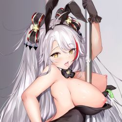Rule 34 | 1girl, animal ears, azur lane, backless outfit, between breasts, black bow, black gloves, black leotard, bow, breasts, cleavage, condom, cum, dakimakura (medium), detached collar, fake animal ears, gloves, kl501, large breasts, leotard, long hair, looking at viewer, mole, mole on breast, multicolored hair, nipples, pole, pole dancing, prinz eugen (azur lane), rabbit ears, red hair, saliva, saliva trail, silver hair, solo, streaked hair, stripper pole, tongue, tongue out, used condom