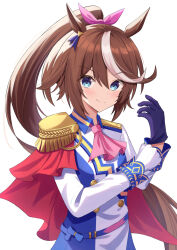 Rule 34 | 1girl, adjusting clothes, adjusting gloves, animal ears, ascot, asymmetrical gloves, black gloves, blue eyes, bow, brown hair, buttons, commentary, double-breasted, ear ornament, epaulettes, gloves, hair between eyes, highres, horse ears, horse girl, jacket, jyujo niton, long hair, long sleeves, mismatched gloves, multicolored clothes, multicolored jacket, pink ascot, pink bow, side cape, simple background, single epaulette, smile, solo, tokai teio (umamusume), two-tone jacket, umamusume, very long hair, white background, white gloves