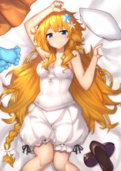 Rule 34 | 1girl, absurdres, arm up, bare arms, bare shoulders, bed sheet, black footwear, blonde hair, bloomers, blue eyes, blue flower, blush, braid, breasts, cleavage, closed mouth, collarbone, flower, frilled pillow, frills, hair between eyes, hair flower, hair ornament, highres, long hair, looking at viewer, lying, medium breasts, nijisanji, on back, otogibara era, pillow, sheet grab, shoes, unworn shoes, single braid, smile, solo, strapless, underwear, very long hair, virtual youtuber, white bloomers, white flower, yuuki nao (pixiv10696483)