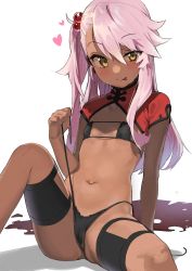 Rule 34 | 1girl, :p, arm support, bikini, black bikini, blush, chloe von einzbern, closed eyes, commentary request, dark-skinned female, dark skin, eyepatch bikini, fate/kaleid liner prisma illya, fate (series), flat chest, hair between eyes, hair bobbles, hair ornament, heart, highres, kanzarin, knee up, leaning back, long hair, navel, one side up, pink hair, short sleeves, shrug (clothing), simple background, smile, solo, stomach, strapless, strapless bikini, swimsuit, thigh strap, tongue, tongue out, untied bikini, very long hair, white background, yellow eyes