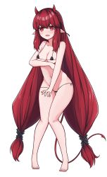 Rule 34 | 1girl, absurdres, arknights, bare arms, bare legs, bare shoulders, barefoot, bikini, black bikini, blush, braid, breasts, collarbone, demon girl, demon horns, demon tail, eyebrows hidden by hair, fang, full body, groin, hair between eyes, highres, horns, knees together feet apart, long hair, looking at viewer, low twintails, mana (mana20140214), medium breasts, micro bikini, navel, open mouth, pigeon-toed, red eyes, red hair, shadow, side-tie bikini bottom, simple background, solo, standing, swimsuit, tail, thigh gap, twintails, very long hair, vigna (arknights), white background