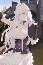 Rule 34 | 1girl, apron, azur lane, belfast (azur lane), blue eyes, blush, braid, breasts, chain, cleavage, collar, collarbone, cowboy shot, dress, french braid, frills, gloves, heart, heart-shaped pupils, highres, holding, holding tray, large breasts, long hair, looking at viewer, maid, maid headdress, outdoors, ru zhai, silver hair, smile, solo, symbol-shaped pupils, tray, white gloves, wind