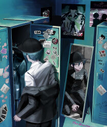 2boys black_hair black_jacket blue_hair brown_eyes buttons collared_jacket collared_shirt commentary_request danganronpa_(series) danganronpa_another_episode:_ultra_despair_girls danganronpa_v3:_killing_harmony different_reflection double-breasted english_text from_above from_behind fukawa_toko graffiti hair_between_eyes harukawa_maki hat highres indoors jacket k1-b0 kirigiri_kyoko locker long_sleeves magnifying_glass male_focus mirror monokuma multiple_boys naegi_komaru open_mouth pants partial_commentary pinstripe_jacket pinstripe_pants pinstripe_pattern poster_(object) reflection saihara_shuichi shirt short_hair smile spoilers standing striped_clothes striped_jacket sukizukiko sweatdrop too_many_stickers undressing vertical-striped_sleeves