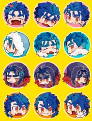 Rule 34 | blue hair, character sheet, chibi, cu chulainn (caster) (fate), cu chulainn (fate), cu chulainn (fate) (all), cu chulainn (fate/prototype), cu chulainn (fate/stay night), cu chulainn alter (fate), cu chulainn alter (fate/grand order), drooling, expression chart, expressions, fang, fate/grand order, fate/prototype, fate (series), fur collar, grin, happy, hood, hood up, lancer, male focus, multiple persona, ponytail, red eyes, saliva, sleeping, smile, tatsuta age