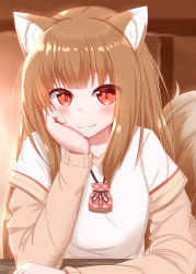 Rule 34 | 1girl, animal ear fluff, animal ears, blush, brown hair, closed mouth, fang, fang out, highres, holo, horokusa (korai), long hair, long sleeves, looking at viewer, red eyes, smile, solo, spice and wolf, tail, wolf ears, wolf girl, wolf tail
