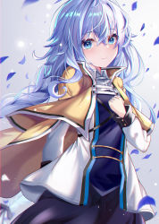 Rule 34 | 1girl, absurdres, arm behind back, blue eyes, capelet, closed mouth, collared shirt, dress shirt, e-bbh, floating hair, hair between eyes, highres, long hair, long sleeves, looking at viewer, mushoku tensei, petals, roxy migurdia, shirt, silver hair, smile, solo, standing, white shirt, wing collar, yellow capelet