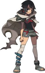 Rule 34 | 10s, 1girl, ankle boots, anklet, black hair, boots, breasts, chaps, cloak, creatures (company), dark-skinned female, dark skin, female focus, full body, game freak, grey thighhighs, highres, holding, holding poke ball, jewelry, looking at viewer, nintendo, official art, over-kneehighs, poke ball, pokemon, pokemon oras, red eyes, short hair, short ponytail, shorts, shoulder pads, smile, solo, standing, thighhighs, toeless footwear, transparent background, zinnia (pokemon)