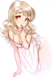 Rule 34 | 10s, 1girl, all fours, blush, breasts, brown eyes, brown hair, cleavage, collarbone, downblouse, eyebrows, frilled panties, frills, holding, idolmaster, idolmaster million live!, joey koguma, lingerie, lipstick, long hair, makeup, miyao miya, negligee, off shoulder, panties, simple background, sketch, small breasts, solo, thick eyebrows, underwear, white background, white panties