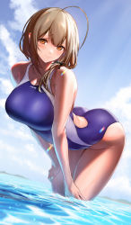 Rule 34 | 1girl, absurdres, ahoge, arched back, ass, bare shoulders, blue one-piece swimsuit, blue sky, blush, breasts, brown eyes, brown hair, collarbone, competition swimsuit, hair over shoulder, highres, idolmaster, idolmaster shiny colors, kuwayama chiyuki, large breasts, leaning forward, long hair, looking at viewer, ocean, one-piece swimsuit, sky, smile, solo, swimsuit, thighs, two-tone swimsuit, ulrich (tagaragakuin), wading, wet, white one-piece swimsuit
