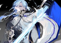 Rule 34 | 1boy, absurdres, armor, black background, black gloves, blue hair, collared jacket, energy, expressionless, genshin impact, gloves, gold trim, hair between eyes, hair over one eye, hair over shoulder, half gloves, high collar, highres, holding, holding sword, holding weapon, jacket, japanese armor, japanese clothes, kamisato ayato, kimono, kushiro kuki, lapels, long sleeves, looking at viewer, looking back, male focus, medium hair, purple eyes, rope, shoulder armor, simple background, solo, swept bangs, sword, tassel, upper body, weapon, white jacket
