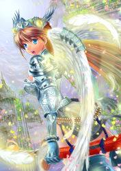 Rule 34 | 1girl, armor, armored dress, blue eyes, brown hair, building, feathers, gauntlets, hair ornament, interlaken, long hair, looking back, open mouth, original, solo, teeth, valkyrie, weapon, wings