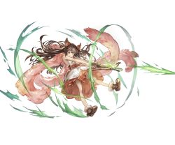 Rule 34 | 10s, 1girl, ;o, animal ears, arrow (projectile), aster (granblue fantasy), bare arms, bare legs, bow, bow (weapon), brown footwear, brown hair, buttons, crossbow, dress, erune, feather boa, flat chest, full body, fur trim, granblue fantasy, hair ornament, holding, holding weapon, long hair, minaba hideo, official art, one eye closed, open mouth, orange eyes, pouch, red bow, shoes, solo, transparent background, weapon, white dress