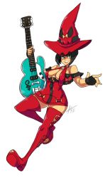 Rule 34 | 1girl, bad id, bad tumblr id, bare shoulders, bigdead, black hair, boots, breasts, cleavage, dress, electric guitar, fingerless gloves, full body, gloves, green eyes, grin, guilty gear, guitar, hat, highres, i-no, instrument, large breasts, mole, red hat, short dress, short hair, smile, solo, thigh boots, thighhighs, witch hat, zettai ryouiki