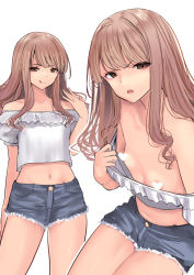 Rule 34 | 1girl, angry, blush, brown hair, censored, censored nipples, denim, denim shorts, downblouse, female focus, flat chest, heart, heart censor, looking at viewer, midriff, multiple views, navel, schreibe shura, sexually suggestive, shorts, simple background, white background
