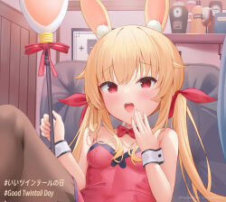 Rule 34 | 1girl, animal ear fluff, animal ears, bachibachi (tisen), bare shoulders, blonde hair, blush, bow, bowtie, breasts, company name, copyright notice, couch, covered navel, cup, detached collar, dot nose, fake animal ears, female focus, grape juice, hashtag, highres, juice, leotard, little witch nobeta, looking at viewer, nobeta, official art, on couch, open mouth, pantyhose, playboy bunny, plum juice, rabbit ears, red eyes, red leotard, small breasts, solo, strapless, strapless leotard, teeth, twintails, upper teeth only, white wrist cuffs, wrist cuffs