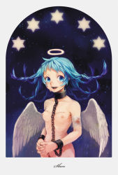 Rule 34 | 1girl, :d, angel wings, bandages, bandaid, bandaid on hand, bleeding, blood, bloody bandages, blue eyes, blue hair, border, braid, breasts, collar, cuffs, cuts, cutting, english text, halo, happy tears, injury, long hair, multiple braids, nipples, nude, open mouth, original, out-of-frame censoring, ribs, scar, scar on arm, scratches, shackles, simple background, skinny, small breasts, smile, solo, star (symbol), starry background, stitches, tears, tetsuko (tetsuko009), text focus, wings