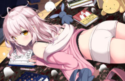 Rule 34 | 1girl, :o, ahoge, ass, bare shoulders, black camisole, blush, book, book stack, brown eyes, camisole, commentary request, crop top, ghost, hair between eyes, indoors, jacket, long hair, long sleeves, looking at viewer, looking to the side, lying, messy hair, midriff, off shoulder, on floor, on stomach, open book, open clothes, open jacket, original, parted lips, pen, pink hair, pink jacket, sasahara wakaba, short shorts, shorts, sleeves past wrists, solo, star (symbol), stuffed animal, stuffed rabbit, stuffed toy, thighs, white shorts, wooden floor