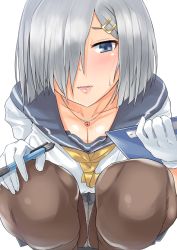Rule 34 | 10s, 1girl, bad id, bad nicoseiga id, black pantyhose, blue eyes, blush, breasts, cleavage, clipboard, crotch seam, gachou, gloves, hair ornament, hair over one eye, hairclip, hamakaze (kancolle), jewelry, kantai collection, large breasts, neckerchief, necklace, open mouth, panties, panties under pantyhose, pantyhose, pantyshot, parted lips, pen, pleated skirt, school uniform, serafuku, short hair, silver hair, skirt, solo, squatting, underwear, white gloves, white panties, yellow neckerchief