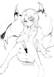Rule 34 | 1girl, arm support, bat wings, full body, greyscale, head wings, juliet sleeves, knees together feet apart, koakuma, long hair, long sleeves, monochrome, parted lips, pointy ears, polpol, puffy sleeves, shirt, simple background, sitting, skirt, slit pupils, solo, touhou, white background, wings
