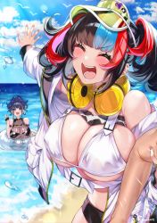 Rule 34 | 1boy, 2girls, absurdres, badge, bare shoulders, bikini, black hair, black one-piece swimsuit, black shorts, blue hair, blush, breasts, button badge, cleavage, closed eyes, fate/grand order, fate (series), flower, green headwear, hair flower, hair ornament, hair up, headphones, headphones around neck, highleg, highleg swimsuit, highres, jacket, large breasts, long hair, long sleeves, multicolored hair, multiple girls, murasaki shikibu (fate), murasaki shikibu (swimsuit rider) (fate), murasaki shikibu (swimsuit rider) (first ascension) (fate), navel, off shoulder, one-piece swimsuit, open clothes, open jacket, open mouth, purple eyes, purple hair, red hair, sei shounagon (fate), sei shounagon (swimsuit berserker) (fate), short shorts, shorts, sidelocks, smile, swimsuit, twintails, visor cap, white bikini, white jacket, yayoi maka