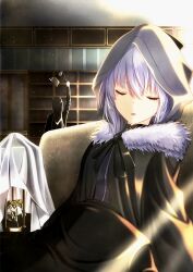 Rule 34 | 1boy, 1girl, absurdres, add (fate), birdcage, black cloak, black ribbon, book, bookshelf, cabinet, cage, cloak, closed eyes, couch, dot nose, duster, eyelashes, fate/grand order, fate (series), feather duster, fur-trimmed cloak, fur trim, gray (fate), highres, hood, hood up, light particles, lord el-melloi ii, lord el-melloi ii case files, myudo-0323, open mouth, ribbon, short hair, sitting, solo focus, waver velvet, white hair