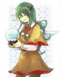 Rule 34 | 1girl, bad id, bad pixiv id, capelet, crystal ball, closed eyes, female focus, green hair, hair ornament, hairclip, heart, hi da, layla prismriver, long hair, pantyhose, smile, solo, touhou, white background