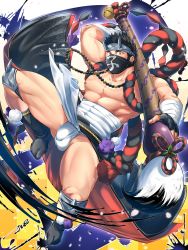 Rule 34 | 1boy, abs, bandages, bara, bare pectorals, bulge, costume request, covered abs, covered navel, fake horns, flaccid, foreshortening, full body, fundoshi, giant brush, highres, horned headwear, horns, japanese clothes, kimono, large pectorals, legs apart, looking at viewer, male focus, male underwear, mask, mouth mask, muscular, muscular male, navel, ninja, ninja mask, nipples, open clothes, open kimono, original, oversized object, paid reward available, pectorals, paid reward available, short hair, sideburns, socks, solo, stomach, tepen (tptptpn), thick thighs, thighs, underwear, white male underwear