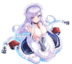 Rule 34 | 1girl, absurdres, anchor, apron, arm guards, azur lane, bad id, bad pixiv id, bare shoulders, belfast (azur lane), black dress, blue eyes, braid, breasts, chain, cleavage, collar, covered erect nipples, dress, elbow gloves, french braid, frilled apron, frilled dress, frills, full body, gloves, highres, kyo (kyo21413), large breasts, light purple hair, long hair, looking at viewer, maid headdress, own hands together, pantyhose, simple background, sitting, solo, turret, v arms, very long hair, wariza, white apron, white background, white gloves, white pantyhose