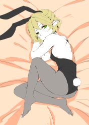 Rule 34 | 1girl, animal ears, bad id, bad pixiv id, bare shoulders, black pantyhose, blonde hair, breasts, delorean (hasabe yu2), artistic error, female focus, green eyes, hasebe yuusaku, leotard, looking at viewer, lying, mizuhashi parsee, on side, pale skin, pantyhose, playboy bunny, pointy ears, rabbit ears, rabbit tail, short hair, small breasts, solo, tail, touhou