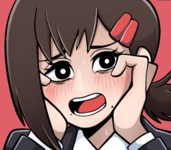 Rule 34 | 1girl, black jacket, blush, brown hair, chainsaw man, collared shirt, hair ornament, hairclip, hands on own face, higashiyama kobeni, jacket, kermittend, looking at viewer, medium hair, mole, mole under mouth, open mouth, red background, shirt, short ponytail, simple background, single sidelock, solo, sweat, swept bangs, white shirt