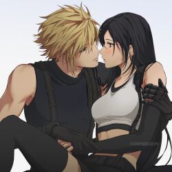 Rule 34 | 1boy, 1girl, armor, bare shoulders, black gloves, black hair, black skirt, black sports bra, black thighhighs, blonde hair, blue eyes, blush, breasts, cloud strife, collarbone, commentary, commission, couple, crop top, earrings, elbow gloves, eye contact, final fantasy, final fantasy vii, final fantasy vii rebirth, final fantasy vii remake, fingerless gloves, gloves, hair between eyes, hand on another&#039;s arm, highres, holding hands, imminent kiss, jewelry, knee up, long hair, looking at another, medium breasts, midriff, parted lips, profile, red eyes, ribbed sweater, short hair, shoulder armor, simple background, single bare shoulder, single earring, sitting, sitting on lap, sitting on person, skirt, sleeveless, sleeveless turtleneck, sophie (693432), spiked hair, sports bra, suspender skirt, suspenders, sweater, tank top, thighhighs, tifa lockhart, turtleneck, turtleneck sweater, white tank top