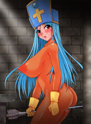 Rule 34 | 1girl, ass, between legs, blue hair, blush, breasts, chunsoft, dragon quest, dragon quest iii, enix, female focus, female masturbation, female orgasm, gloves, hat, huge breasts, large areolae, lips, long hair, mace, masturbation, nipples, no bra, no panties, open mouth, orgasm, priest (dq3), profile, puffy nipples, red eyes, roshiman, see-through, solo, standing, thighs, weapon