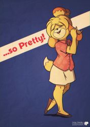 Rule 34 | 1girl, absurdres, animal crossing, animal ears, animal nose, artist name, bell, black footwear, blonde hair, blue background, body fur, breasts, buck teeth, buttons, closed eyes, collared shirt, deviantart username, dog ears, dog girl, dog tail, english text, female focus, fox-pop vli, full body, furaffinity username, furry, furry female, hair bell, hair ornament, hands up, happy, heel up, highres, isabelle (animal crossing), jingle bell, leaf print, miniskirt, nintendo, open mouth, parted bangs, pink shirt, retro artstyle, shirt, shoes, short hair, short sleeves, sidelocks, simple background, skirt, small breasts, smile, solo, standing, tail, teeth, topknot, twitter username, two-tone fur, u u, watermark, white fur, white skirt, yellow fur