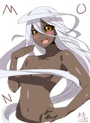 Rule 34 | 10s, 1girl, :d, bad id, bad pixiv id, black sclera, blush, breasts, colored sclera, completely nude, cowboy shot, dark skin, dark-skinned female, doppel (monster musume), doppelganger, hair censor, hand on own hip, highres, kagiyama (clave), laughing, long hair, monster girl, monster musume no iru nichijou, navel, nude, open mouth, prehensile hair, signature, simple background, sketch, small breasts, smile, solo, very long hair, white background, white hair, yellow eyes