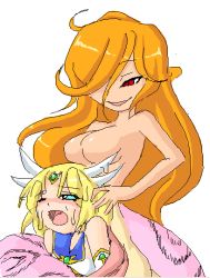 Rule 34 | 2girls, blush, breasts, camel (dansen), female focus, lamia, milia, milia wars, monster girl, multiple girls, open mouth, pussy, pussy juice, scared, snake, tail, unbirthing, vore