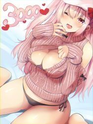 Rule 34 | 1girl, :d, aran sweater, areola slip, bare shoulders, black panties, blush, breasts, cable knit, cleavage, cleavage cutout, clothing cutout, hat, heart, large breasts, long hair, maki (seventh heaven maxion), meme attire, milestone celebration, no pants, on bed, one eye closed, open-chest sweater, open mouth, original, panties, pink eyes, pink hair, side-tie panties, sitting, smile, solo, sweater, turtleneck, turtleneck sweater, underwear, wariza