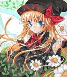 Rule 34 | 1girl, black dress, blonde hair, blue eyes, capelet, dress, fairy wings, female focus, floral print, flower, hat, hat ribbon, lily black, lily white, long hair, long sleeves, looking at viewer, marker (medium), millipen (medium), mizame, pointing, pointing at self, ribbon, shikishi, solo, touhou, traditional media, very long hair, wings
