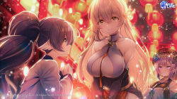Rule 34 | 3girls, ahoge, azur lane, black gloves, black hair, blue eyes, blurry, blurry background, bokeh, breasts, chihiro ayaka, chinese clothes, chinese new year, cleavage, cleavage cutout, closed mouth, clothing cutout, commentary, depth of field, elbow gloves, english commentary, frilled gloves, frills, gloves, hair between eyes, hair ornament, half updo, hat, hermione (azur lane), hermione (pristine herbalist) (azur lane), highres, lantern, large breasts, leaf hair ornament, light particles, logo, long hair, looking at another, multiple girls, official alternate costume, official art, ponytail, purple eyes, reno (azur lane), reno (spring&#039;s inspiration) (azur lane), second-party source, short hair, silver hair, sleeveless, smile, upper body, watermark, yellow eyes, yoizuki (azur lane), yoizuki (firecrackers and steamed buns) (azur lane)